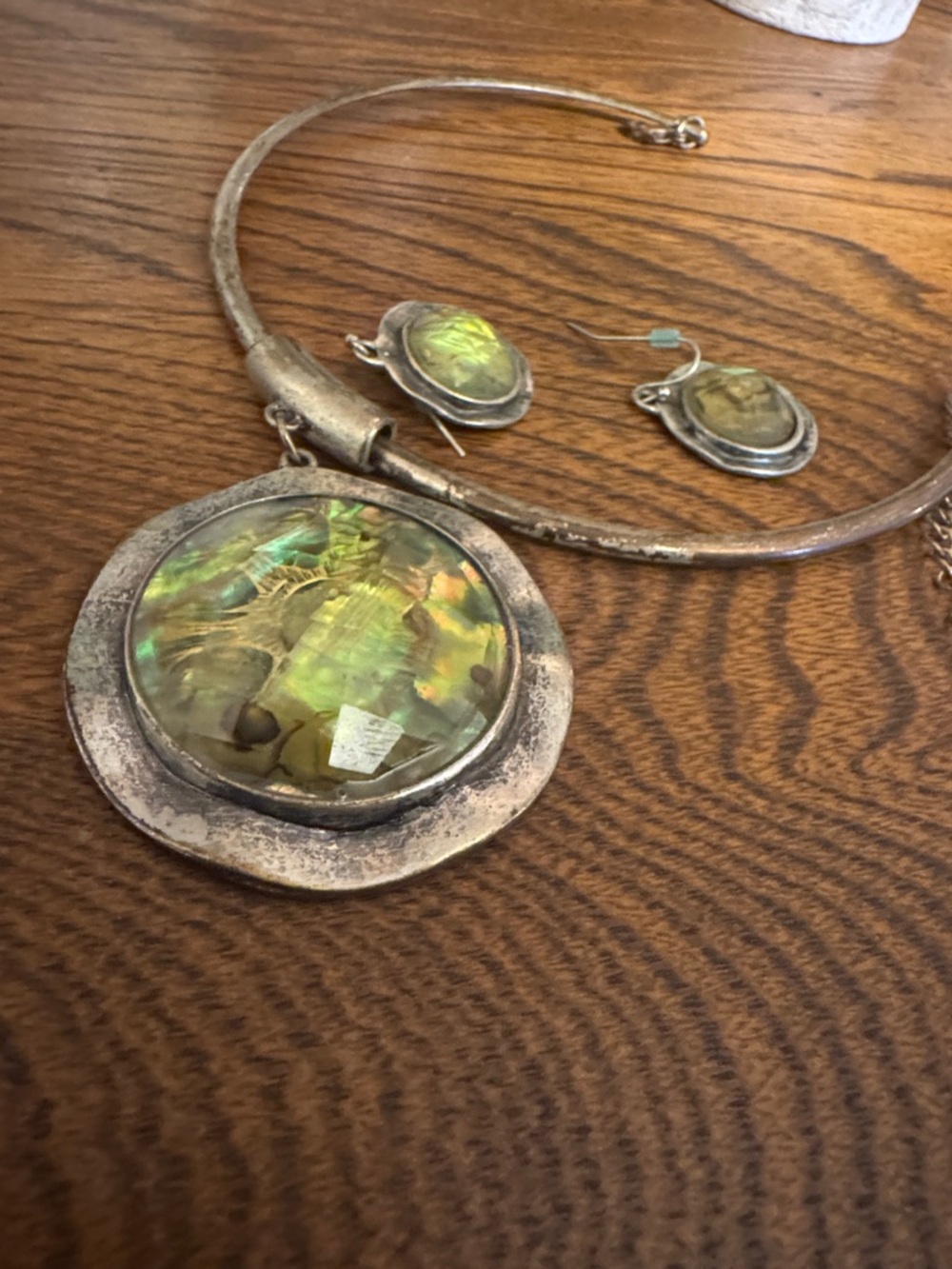 Bronze Gold and Green abalone Statement Pendant Necklace and Earring Set - Picture 4 of 5